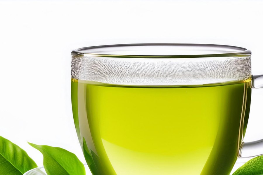 A teapot pouring deep green tea through a fine strainer